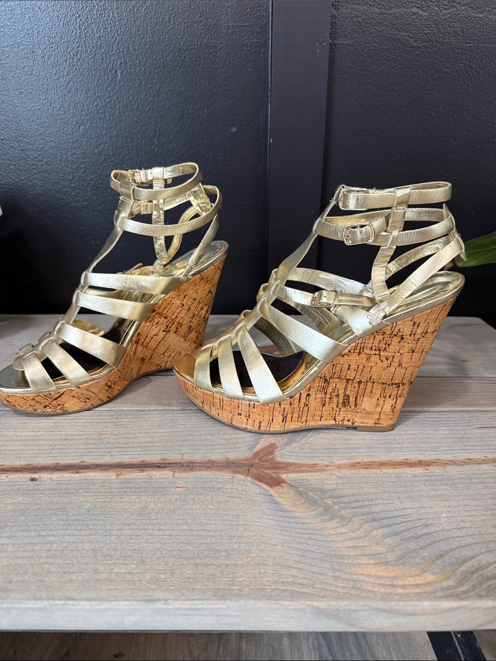 BCBG Metallic Gold Strappy Cork Wedge Sandals